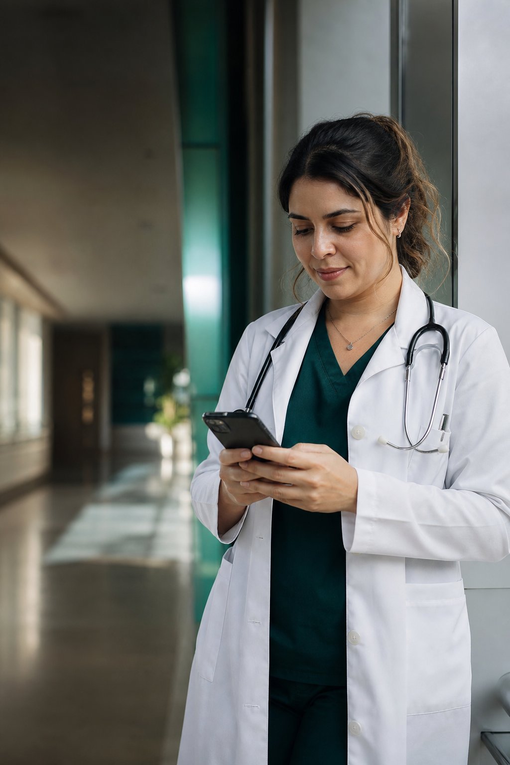 Médica usando smartphone em ambiente profissional